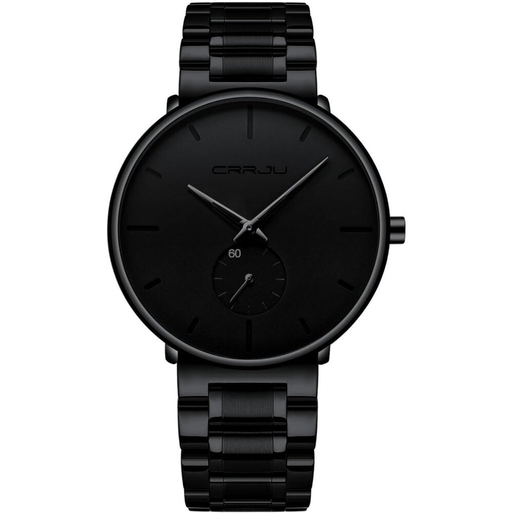 Men's Black Ultra-Thin Minimal Waterproof Stainless Steel Mesh Band Buckle Watch